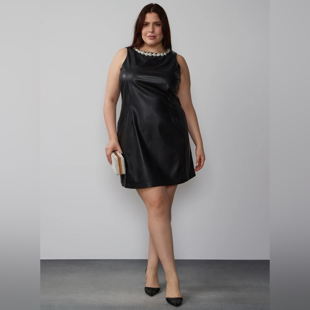 Sleeveless Pearl Neck Vegan Leather Mini Dress XL